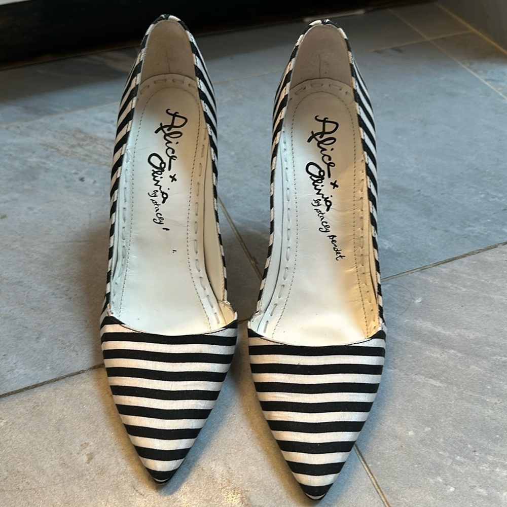 Alice + Olivia Black and White Striped Pointed-Toe Heels